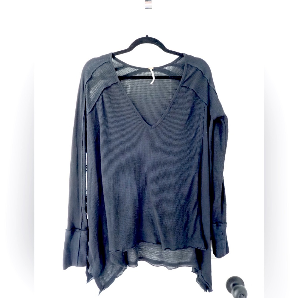 Free People Black Long Sleeve Thermal V Neck Shirt